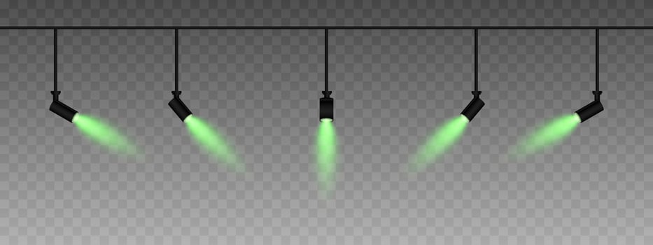 Row of adjustable spotlights emitting a soft green glow. Angled lights create a focused beam effect, adding ambiance to a dark background. Modern interior designs, exhibitions, and stage lighting vector