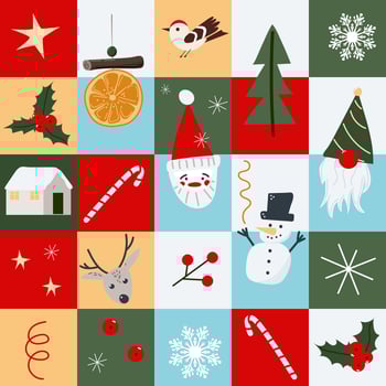 Christmas and New Year quilt seamless background, patchwork pattern with noel tree, Santa, gnome, deer heads, snowman, snowy house, dry orange, cinnamon, holly plant, snowflakes and bird. vector