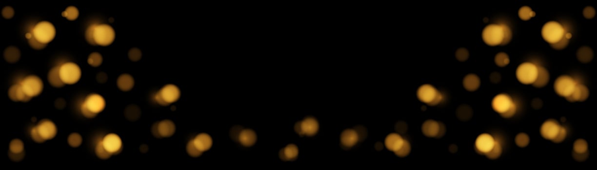 horizontal banner many Golden bokeh circles, golden particle on black background. Yellow and Orange light circular design along the down edge of the banner. Background with copy space. vector