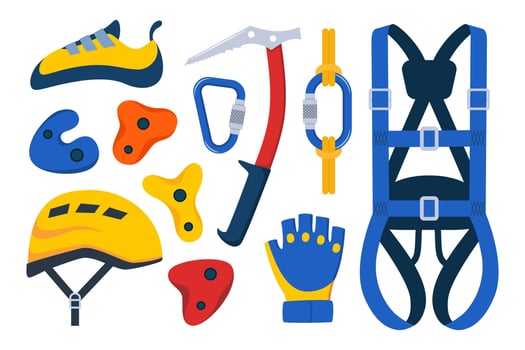 Climbing gear equipment. Mountaineering tool climber stuff elements for mountain rock climb safety rope knot harness carbines helmet ice ax extreme sport. illustration. vector