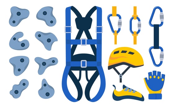Climbing gear equipment. Mountaineering tool climber stuff elements for mountain rock climb safety rope knot harness carbines helmet ice ax extreme sport. illustration. vector