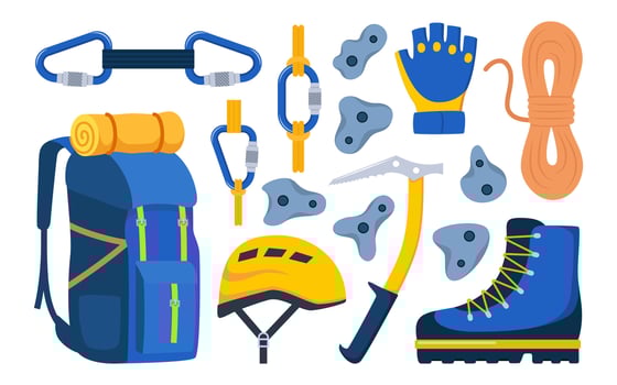 Climbing gear equipment. Mountaineering tool climber stuff elements for mountain rock climb safety rope knot harness carbines helmet ice ax extreme sport. illustration. vector