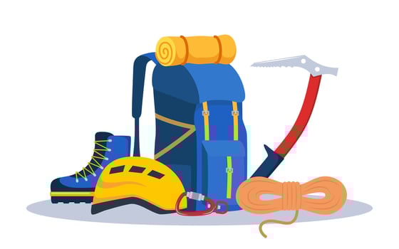 Mountaineering gear equipment tool climber stuff elements for mountain rock climb safety rope knot harness carbines helmet ice ax extreme sport. illustration. vector
