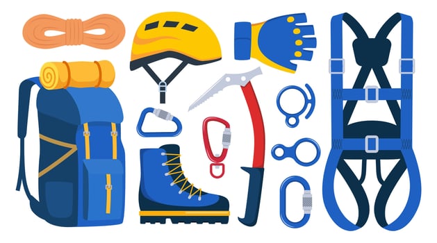 Climbing gear equipment. Mountaineering tool climber stuff elements for mountain rock climb safety rope knot harness carbines helmet ice ax extreme sport. illustration. vector