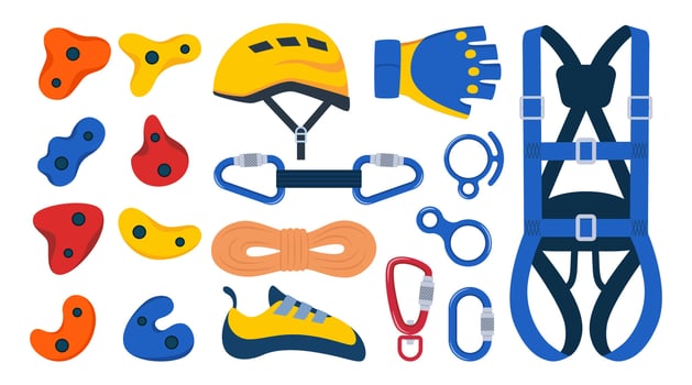 Climbing gear equipment. Mountaineering tool climber stuff elements for mountain rock climb safety rope knot harness carbines helmet ice ax extreme sport. illustration. vector