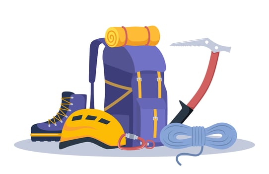 Climbing gear equipment. Mountaineering tool climber stuff elements for mountain rock climb safety rope knot harness carbines helmet ice ax extreme sport. illustration. vector