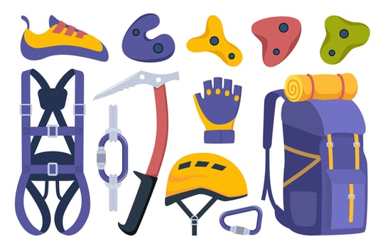 Climbing gear equipment. Mountaineering tool climber stuff elements for mountain rock climb safety rope knot harness carbines helmet ice ax extreme sport. illustration. vector