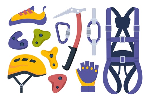 Climbing gear equipment. Mountaineering tool climber stuff elements for mountain rock climb safety rope knot harness carbines helmet ice ax extreme sport. illustration. vector