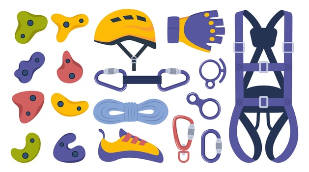 Climbing gear equipment. Mountaineering tool climber stuff elements for mountain rock climb safety rope knot harness carbines helmet ice ax extreme sport. illustration. vector