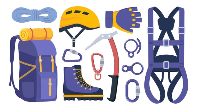 Climbing Mountaineering tools climber stuff elements for mountain rock climb safety rope knot harness carbines helmet ice ax extreme sport. illustration. vector