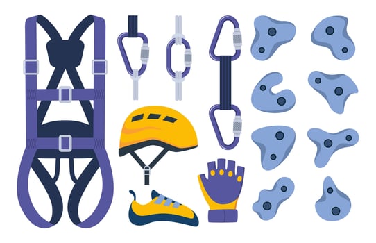Climbing tool climber stuff elements for mountain rock climb safety rope knot harness carbines helmet ice ax extreme sport. illustration. vector