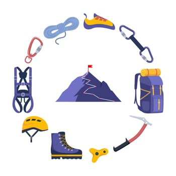 Climber stuff elements for mountain rock climb safety rope knot harness carbines helmet ice ax extreme sport. illustration. vector