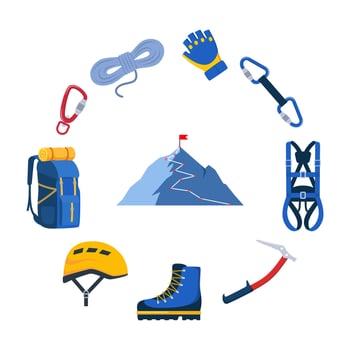 Climbing gear equipment. Mountaineering tool climber stuff elements extreme sport. illustration. vector