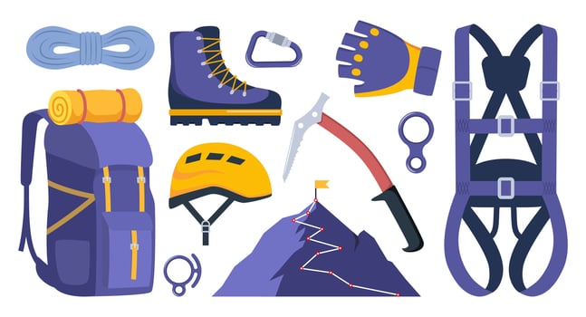 Climbing gear equipment. Mountaineering tool climber stuff elements for mountain rock climb safety rope knot harness carbines helmet ice ax extreme sport. illustration. vector