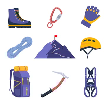 Climbing equipment. Mountaineering tool climber stuff elements for mountain rock climb safety rope knot harness carbines helmet ice ax extreme sport. illustration. vector