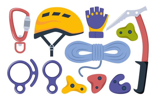 Climbing gear equipment. Mountaineering tool climber stuff elements for mountain rock climb safety rope knot harness carbines helmet ice ax extreme sport. illustration. vector