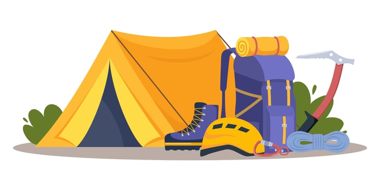 Climbing equipment. Mountaineering stuff elements for mountain rock climb safety rope knot harness carbines helmet ice ax extreme sport vector