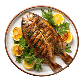 Grilled fish on a plate isolated on transparent background png