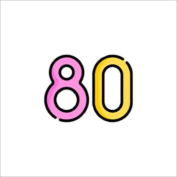 The number 80 is shown in a colorful, flat style vector