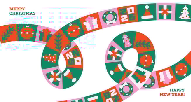 Merry Christmas and Happy New Year greeting cards template. Modern Xmas design with wavy loops pattern in green, red, pink white colors. Christmas tree, ball, decoration elements. vector