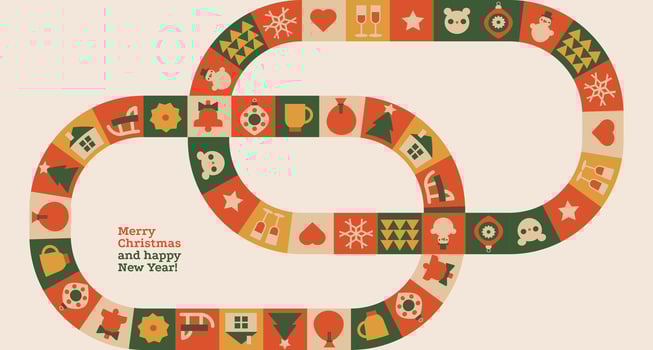 2025 happy New Year Greeting banner, flyer, poster with geometric symbols of Christmas and new year, glasses , gift boxes, snowflakes, Christmas tree and snowman. Template poster, header, web. vector