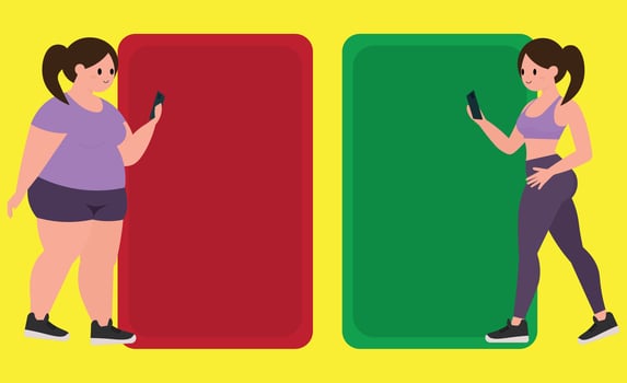 fat woman and thin woman looking at phone, before and after demonstration of weight loss, illustration, woman on the phone vector