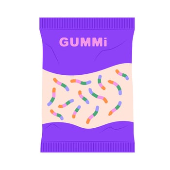 Gummy worms in package in flat design. Sweet chewy dessert snack in pack. illustration isolated. vector