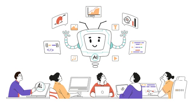 Group of different professionals sitting at one desk interacting with artificial intelligence concept. Men and women hugging with AI robot character linear illustration isolated on white. vector