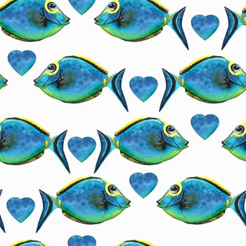 Bright blue fish with hearts. Watercolor illustration. Seamless pattern. For fabric, textiles. covers, paper, wallpaper, packaging, children s rooms beach accessories vector