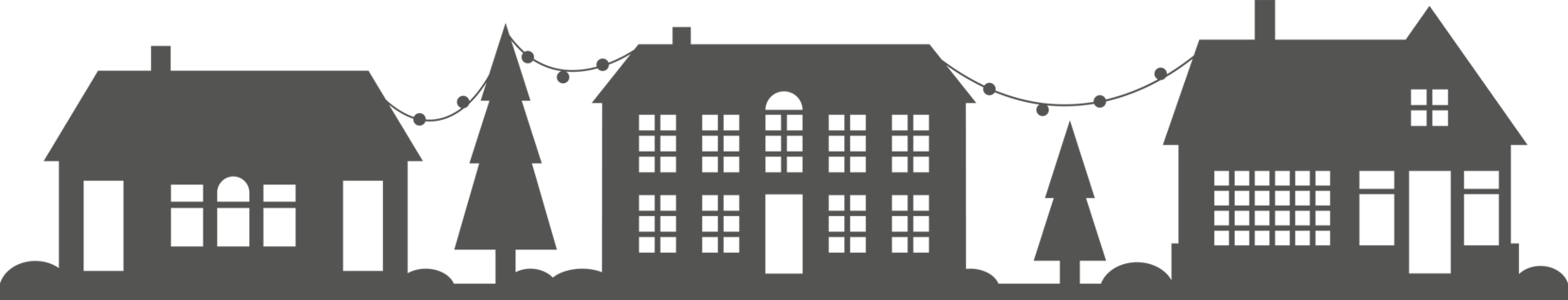 Town and village houses on skyline. Silhouette of small buildings in neighborhood. Christmas rural simple drawing. Winter country landscape with trees in night. png