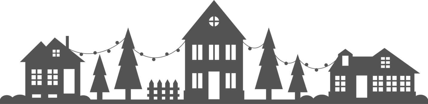 Town and village houses on skyline. Silhouette of small buildings in neighborhood. Christmas rural simple drawing. Winter country landscape with trees in night. png