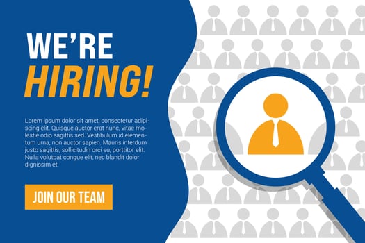We are Hiring, Join Our Team. Hiring post and cover banner with a magnifying glass. Job recruitment banner and social media post. Blue and Orange Vacancy Announcement. Job Recruitment Poster Design. vector