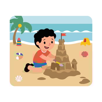 A boy building a sand castle on the beach vector