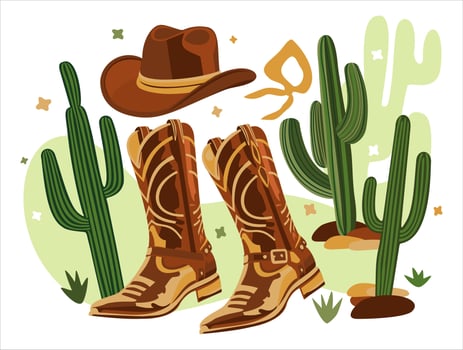 Cowboy hat, boots and bandana in cacti backgroud. vector