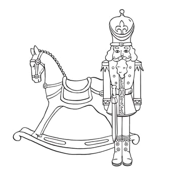 Christmas rocking horse with soldier figure. Winter cozy isolated set. For seasonal holidays, New Year decoration, card, wrapping, coloring book. vector