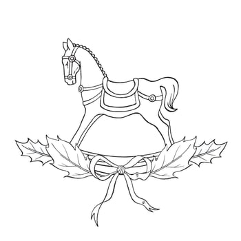 Vintage rocking horse with holly leaves. Christmas isolated composition. Traditional winter illustration for wrapping, greeting, card, print. vector