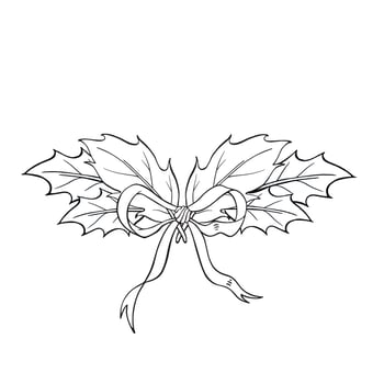 Elegant Christmas bow with holly leaves. Winter ink isolated illustration for seasonal card, graphic decor, wrapping, greeting, pack. vector