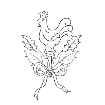Lollipop cockerel, holly leaves and elegant bow. Christmas ink isolated illustration for winter card, seasonal decor, wrapping, greeting, pack. vector
