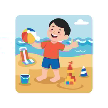 A boy playing with a beach ball and toys on the beach vector