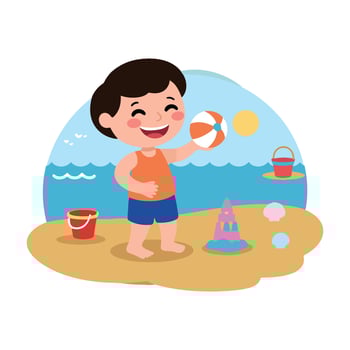 A boy playing with a ball on the beach vector