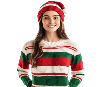 Festive sweater and hat cheerful model against a bright png