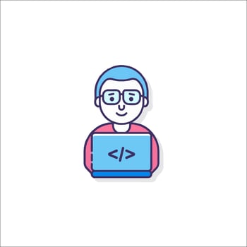 A man with glasses and a laptop is holding a computer vector