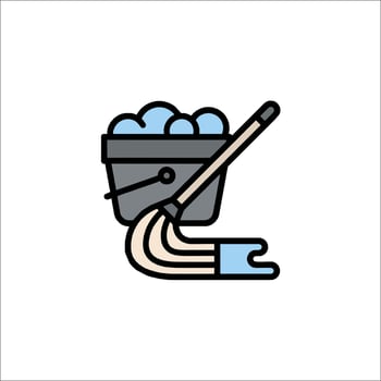 A bucket with a broom and a mop icon vector