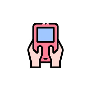 A hand holding a cell phone icon vector