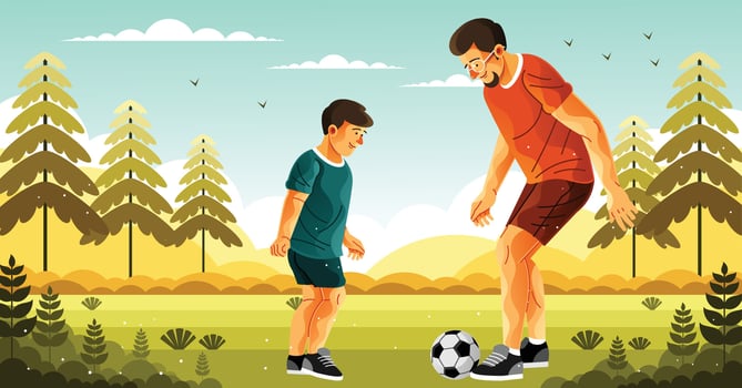 Dad and His Son Playing Football Outdoors vector