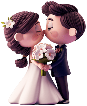 A cartoon bride and groom kissing png