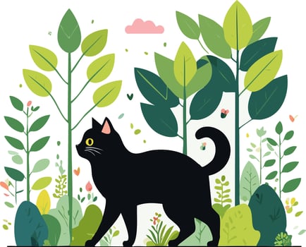 Black Cat Strolling Through an Overgrown Garden vector