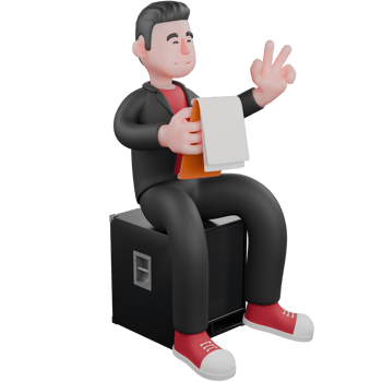 3D Cartoon Choreographer Design . A male choreographer sits on a speaker holding a cliboard in his right hand and his left hand raising 2 fingers with a smiling expression . Dance Artist png