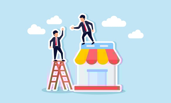 A businessman stands on a store, trying to help another businessman on a ladder, illustration of assisting fellow entrepreneurs to develop a marketplace together vector