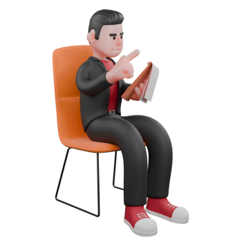 Cartoon Choreographer in 3D. A male choreographer sits on a chair checking a clipboard in his left hand with a focused expression. Dance Artist Model png